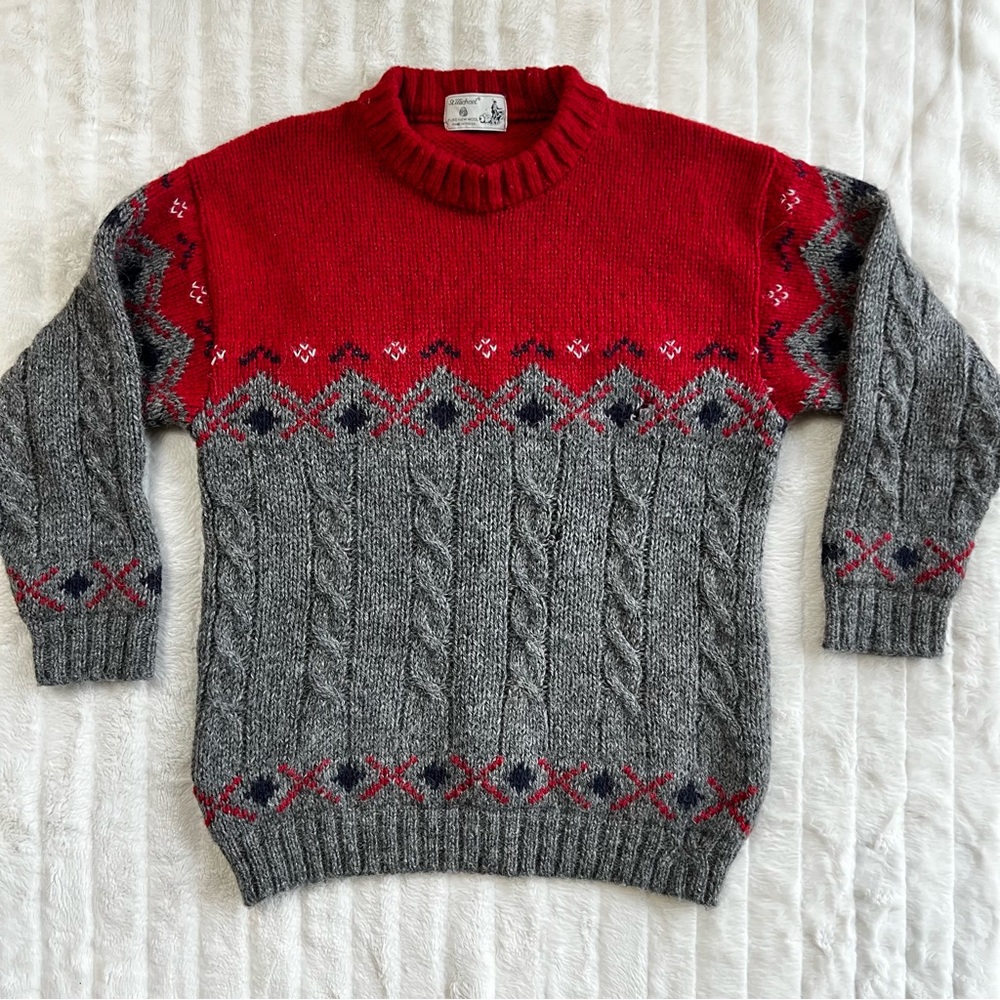 VINTAGE ST. MICHAEL red gray wool cable knit fair isle sweater
